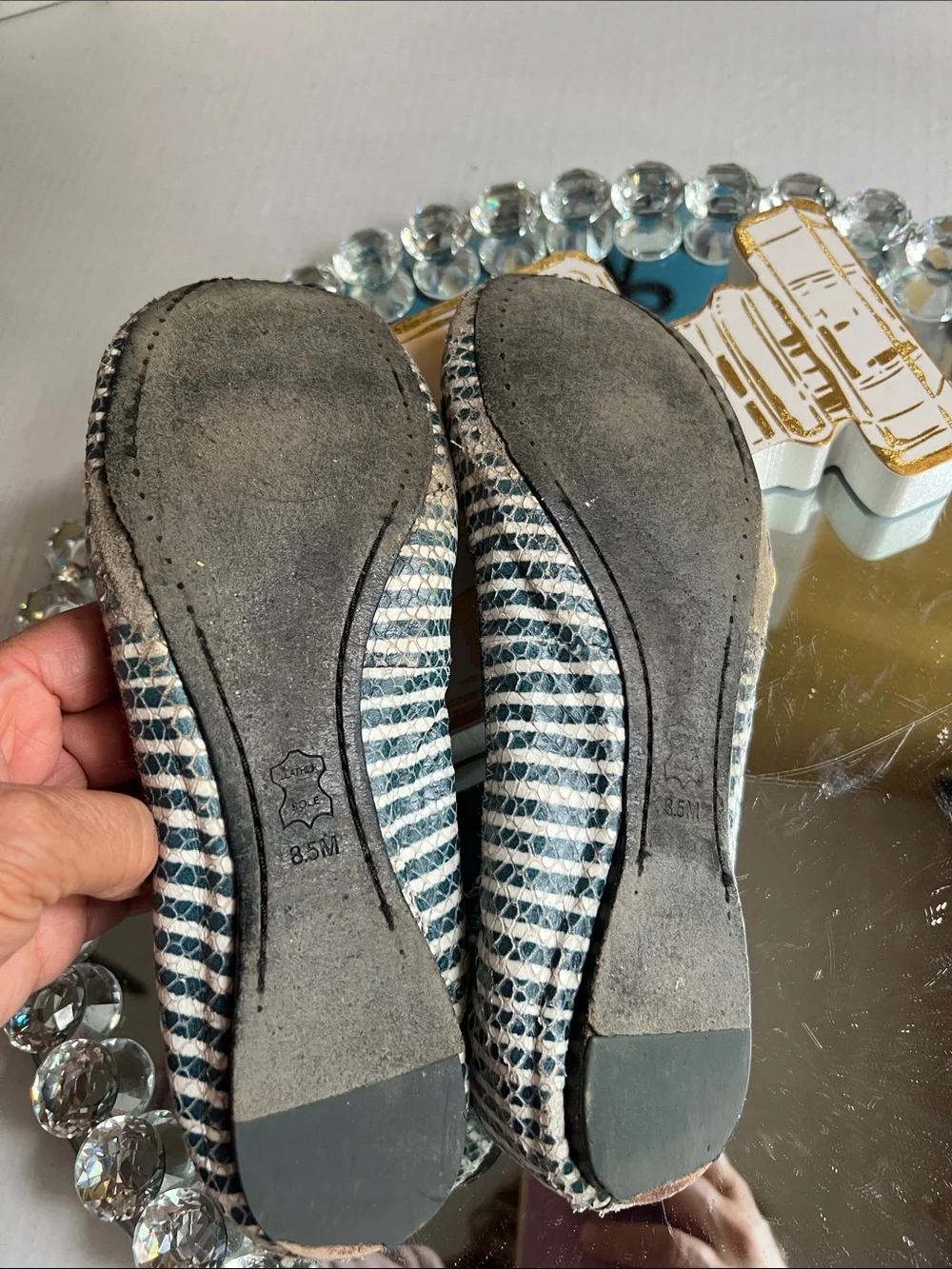 Tory Burch Navy and White Striped Logo Ballet Flats